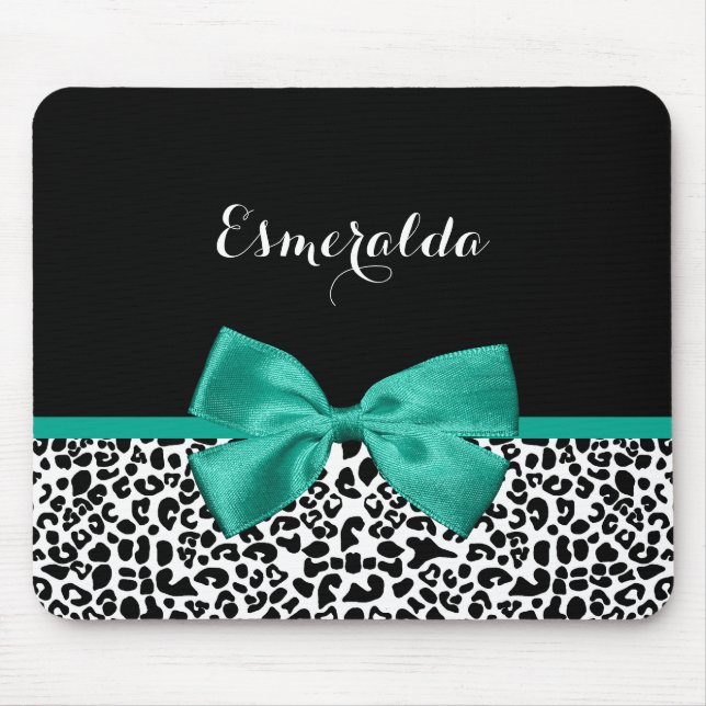 Mousepad Leopard Imprima Emerald Green Ribbon Arco Nome (Frente)