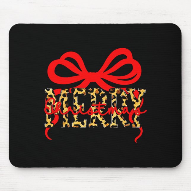 Mousepad Leopard Merry Christmas Coquette Bow Xmas Holiday  (Frente)
