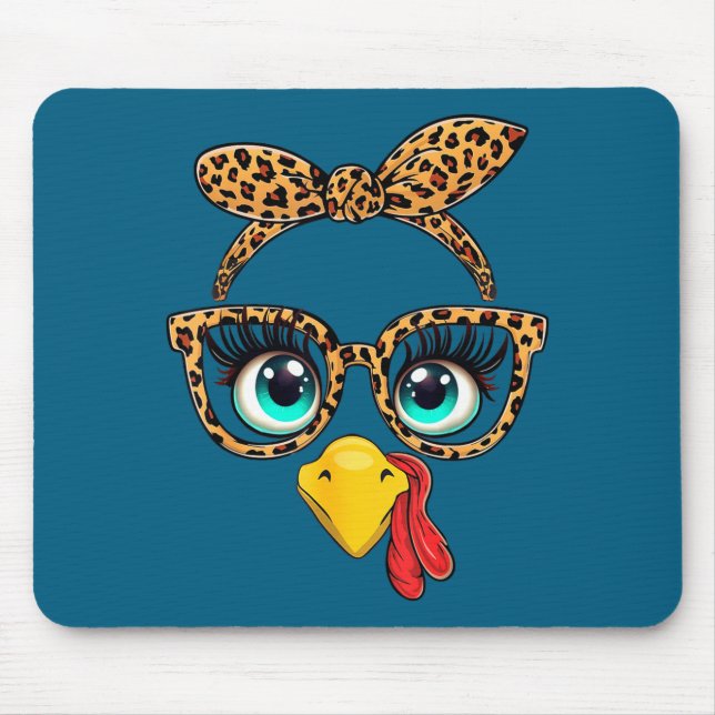 Mousepad Leopard Print Thanksgiving Funny Turkey Face Gles  (Frente)