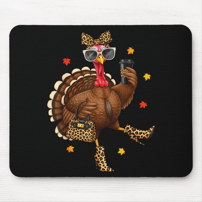 Mousepad Leopard Turkey Drinking Coffee Thanksgiving Women  (Frente)