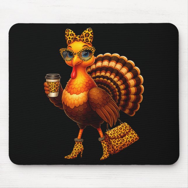Mousepad Leopard Turkey Drinking Coffee Thanksgiving Women  (Frente)