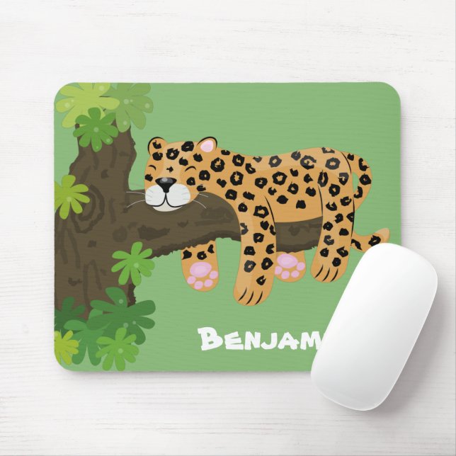 Mousepad Leopardo bonito dormindo em desenho animado de árv (Com mouse)