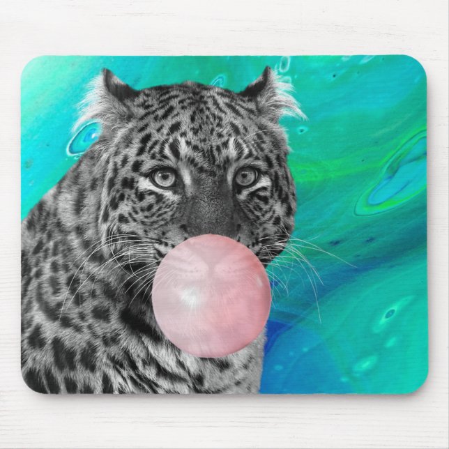 Mousepad Leopardo Pantera Preto Branco Rosa Chiclete Azul (Frente)