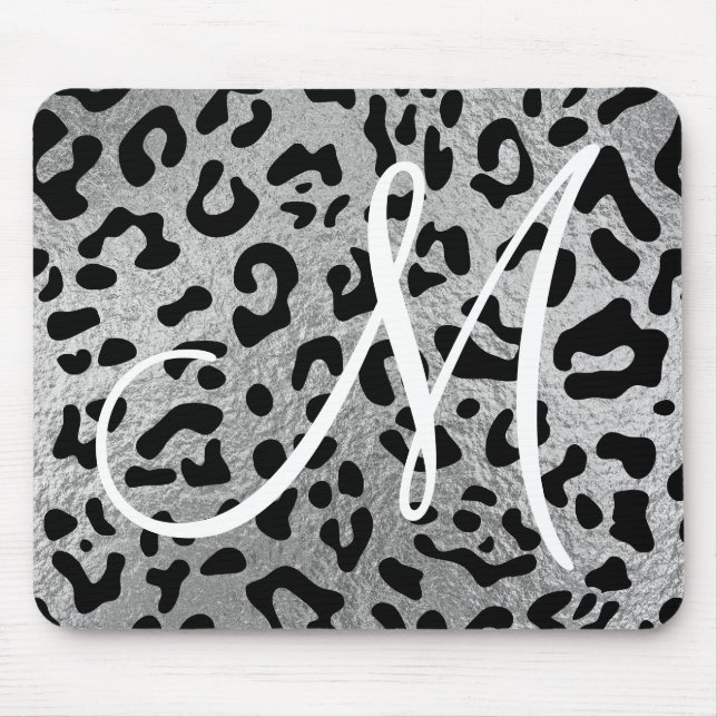 Mousepad Leopardo Preto e Monograma de Folha de Prata Falsa (Frente)