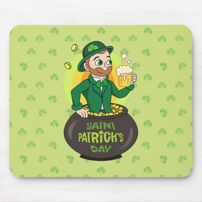 Mousepad Leprecaína de desenho animado em pote de ouro segu (Frente)