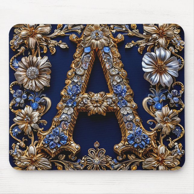 Mousepad Letra "A" Dourada Elegante Com Decoração Floral Or (Frente)