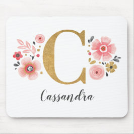 Mousepad Letra Dourada Rosa Inicial Monograma Feminina C