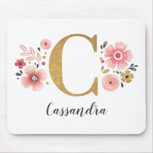 Mousepad Letra Dourada Rosa Inicial Monograma Feminina C