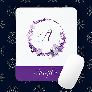 Mousepad Letra Inicial Monograma Floral Roxo Elegante Chic