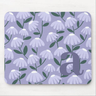 Mousepad Letra Inicial Monograma Padrão Floral Azul Roxo