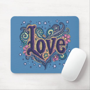 Mousepad Letra Psychedelic Boho Love com Destaque Floral