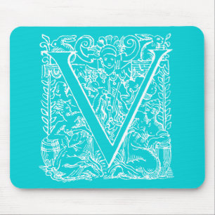 Mousepad Letra Vintage V Monograma Aqua Teal Neon Blue "V"