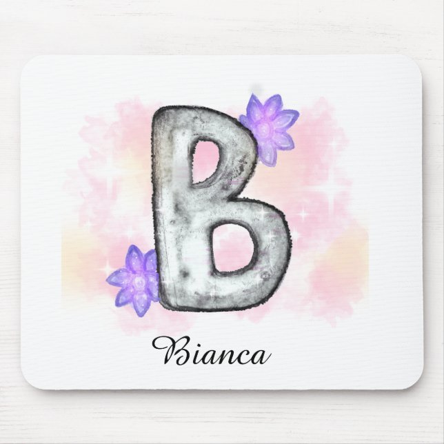 Mousepad Letra Watercolor B com Flores Roxas (Frente)
