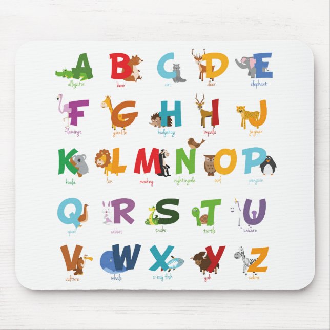 Mousepad Letras animais bonitos do alfabeto (Frente)