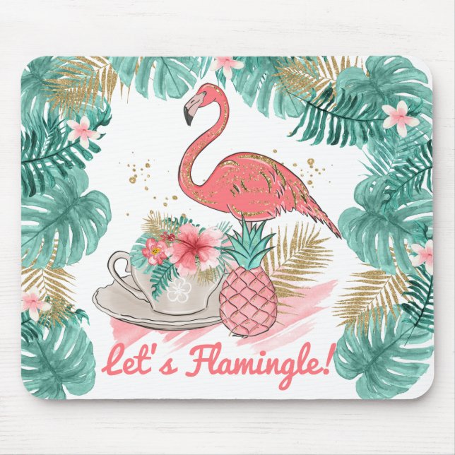 Mousepad Lets Flaminging Rosa e Dourado Flamingo (Frente)