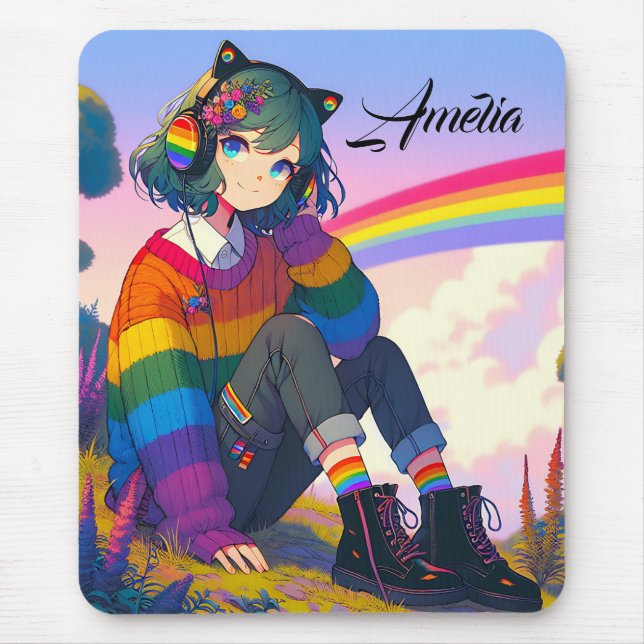 Mousepad LGBTQIA+ Orgulho Lésbico de Menina de Anime Person (Frente)