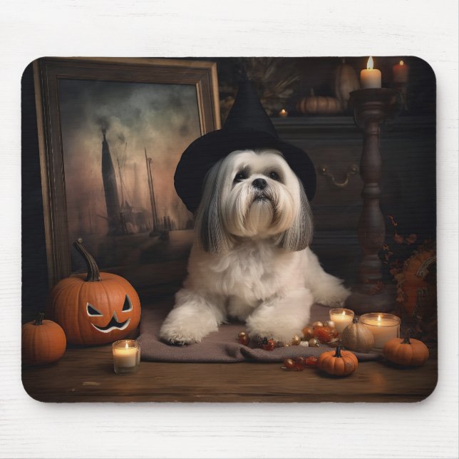 Mousepad Lhasa Apso Abóboras Dia das Bruxas Assustador (Frente)