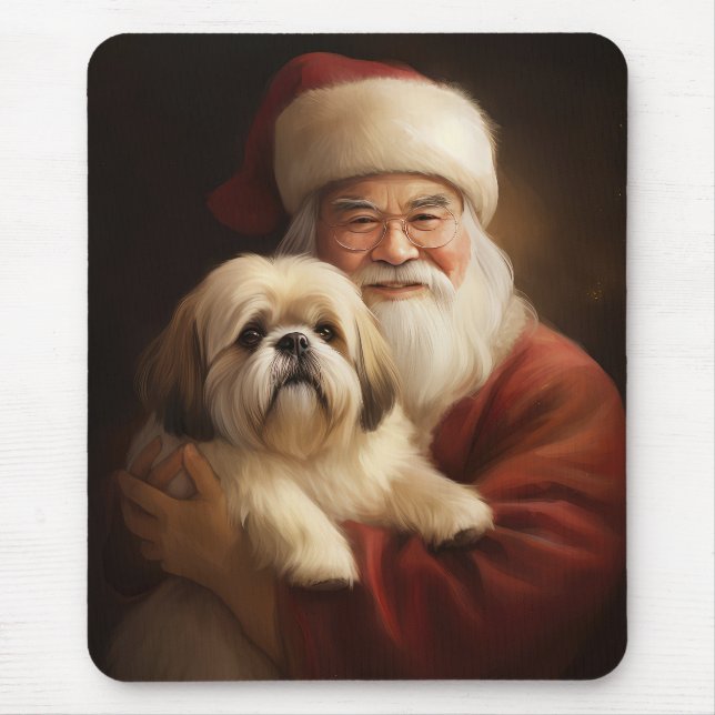 Mousepad Lhasa Apso Com O Papai Noel Natal Festivo  (Frente)