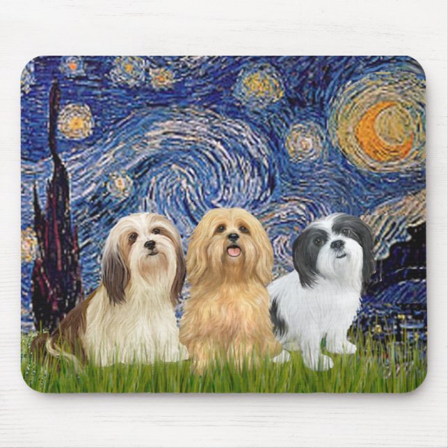 Mousepad Lhasa Apsos (três) - Starry Night (Frente)