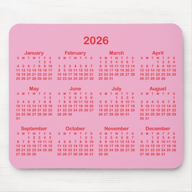 Mousepad Light Pink and Red 2026 Calendar (Frente)