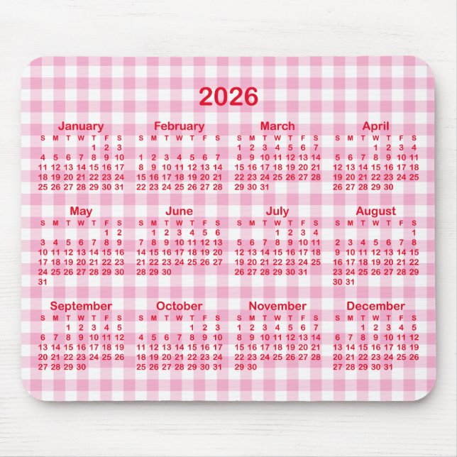 Mousepad Light Pink Gingham Plaid Red 2026 Calendar (Frente)