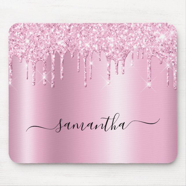 Mousepad Light Pink Glitter Drips Shimmer Glam Name (Frente)
