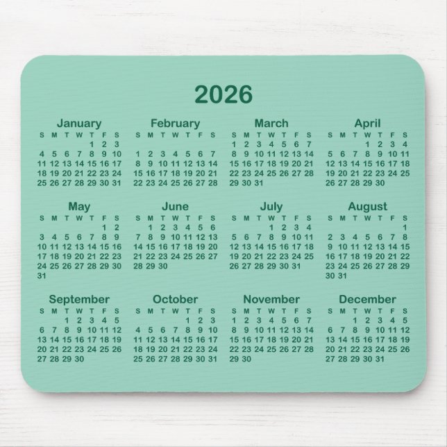 Mousepad Light Teal and Hunter Green 2026 Calendar (Frente)
