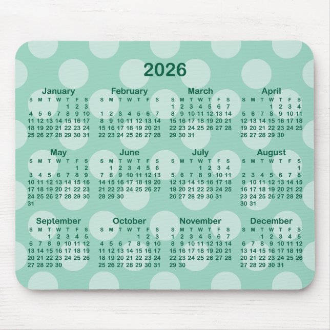 Mousepad Light Teal Polka Dot Hunter Green 2026 Calendar (Frente)