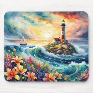 Mousepad Lighthouse Sailboat Floral Beauty Watercolor