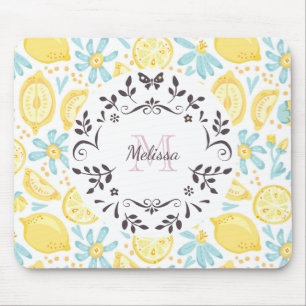 Mousepad Limões Amarelos e Flores Azuis Monograma e Nome