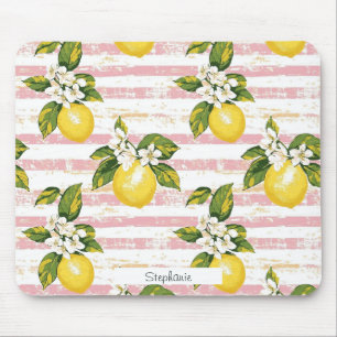 Mousepad Limões Vintage e Blooms em Strips Rosa e Branca
