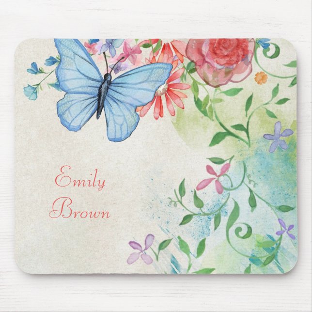 Mousepad Linda Aquarela Floral com Borboleta (Frente)