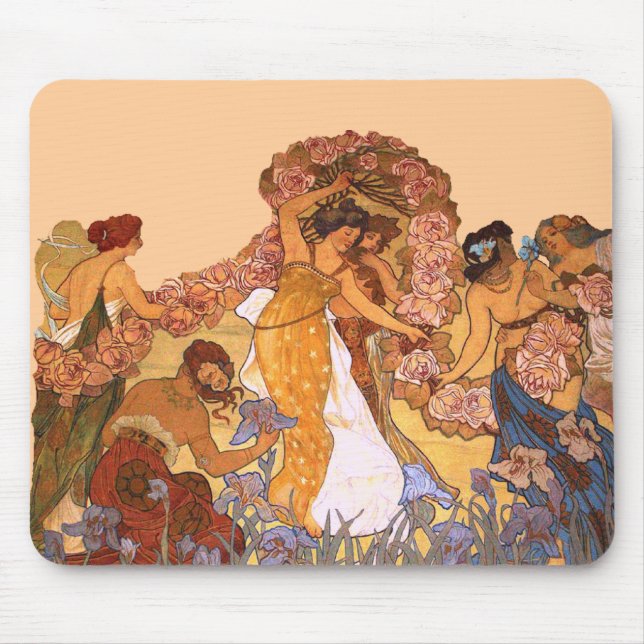 Mousepad Linda Arte Nouveau Mulheres com Írisos e Rosas (Frente)