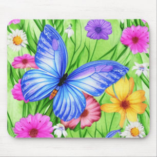 Mousepad Linda Borboleta Azul com flores Aquarela