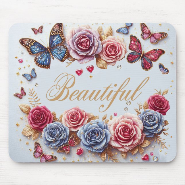 Mousepad "Linda" com borboletas e rosas (Frente)
