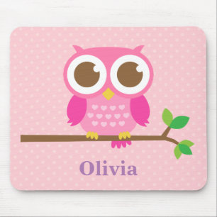 Mousepad Linda Coruja Rosa Feminina em um Galho Para Menina