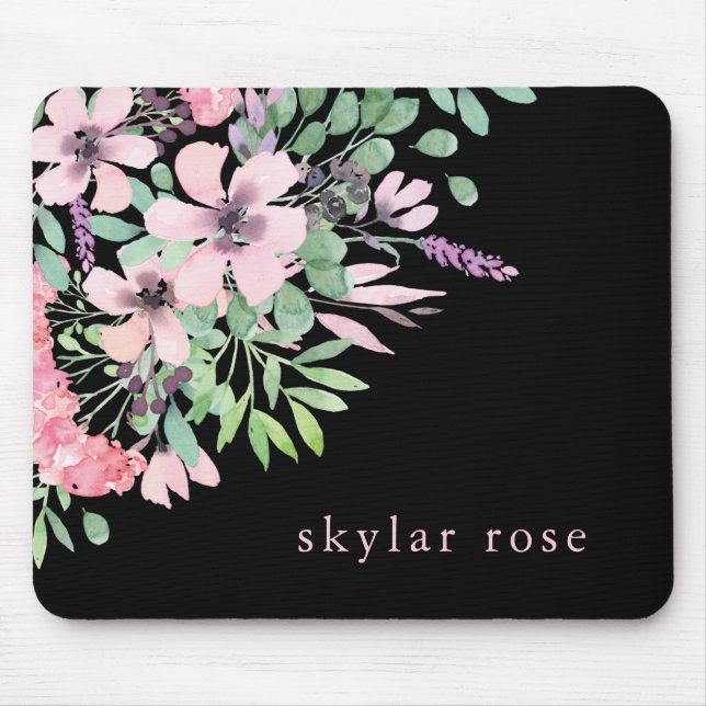 Mousepad Linda Floral | Buquê de Aquarela em Preto (Frente)