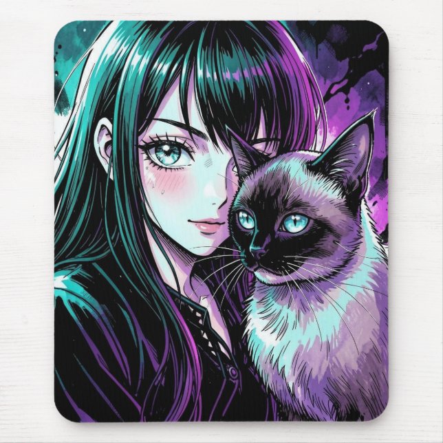 Mousepad Linda Garota de Anime e Gato Siames (Frente)