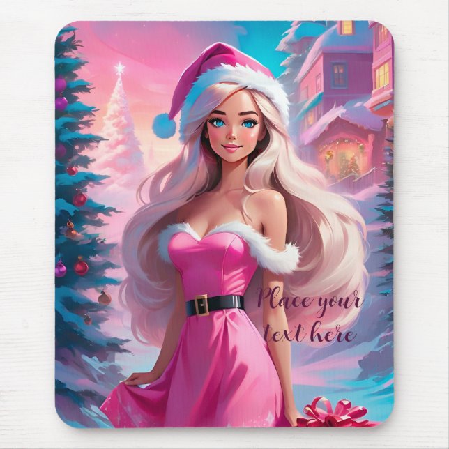 Mousepad Linda garota de Natal rosa 01 (Frente)