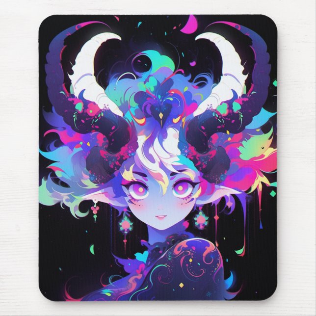 Mousepad Linda Garota Elf de Animação Neon com Cavalos (Frente)