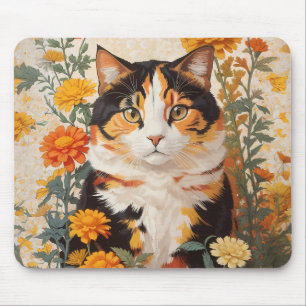 Mousepad Linda Gato Calico Com Flores Marigold