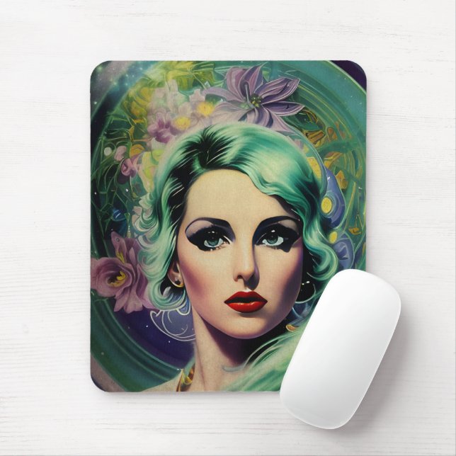 Mousepad Linda Lavanda e Estilo Retro Verde Mulher Espacial (Com mouse)