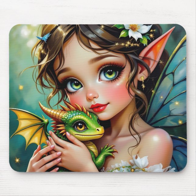 Mousepad Linda Menina com Tema de Fada e Dragão  (Frente)