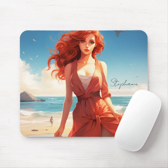 Mousepad Linda Menina De Vermelho Na Praia (Com mouse)