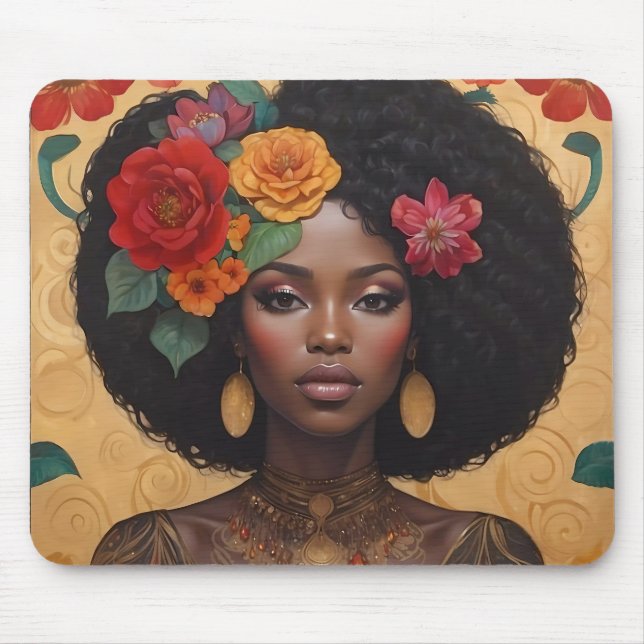 Mousepad Linda Mulher Afro-Americana Com Flores (Frente)