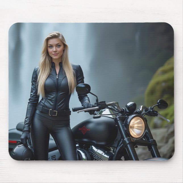 Mousepad Linda mulher ao lado da cascata de motocicleta (Frente)