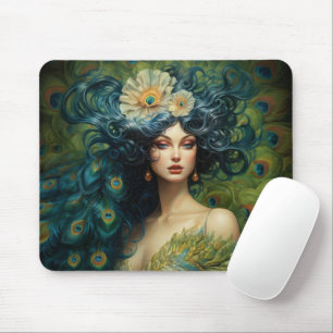 Mousepad Linda mulher cercada por Penas de Peacock