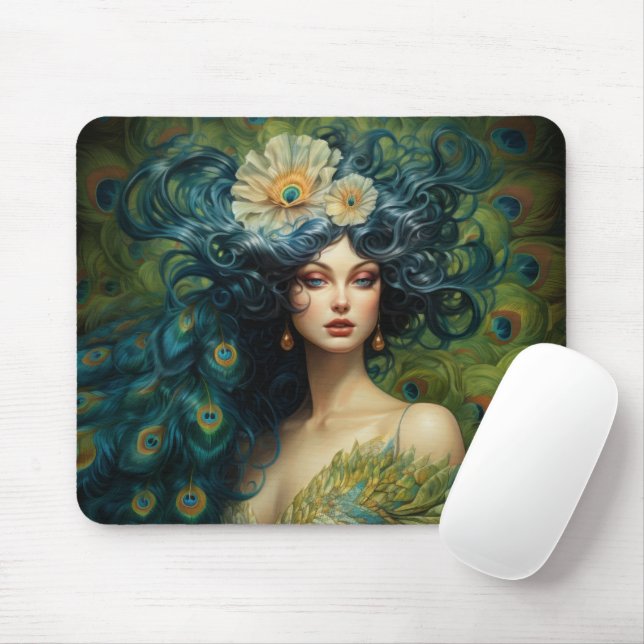 Mousepad Linda mulher cercada por Penas de Peacock (Com mouse)
