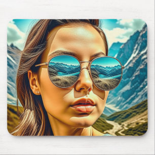 Mousepad Linda Mulher na Reflexão de Montanha dos Óculos So