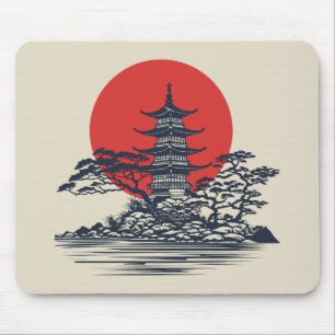 Mousepad Linda paisagem japonesa com o nascer do sol